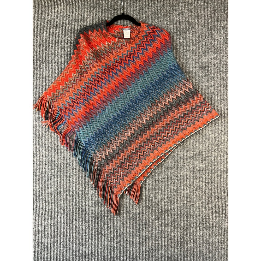 Earthbound Trading Co Woven Fringe Poncho Boho Festival Gorpcore Orange Blue S/M